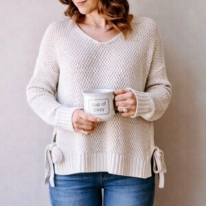 Coastal Casual Small Knit Sweater Side‎ Tie Open Weave Cream